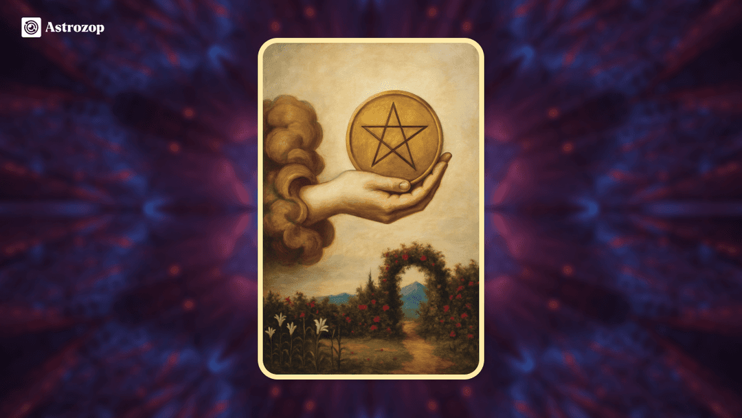 Ace of Pentacles tarot card showing a hand emerging from clouds holding a golden coin