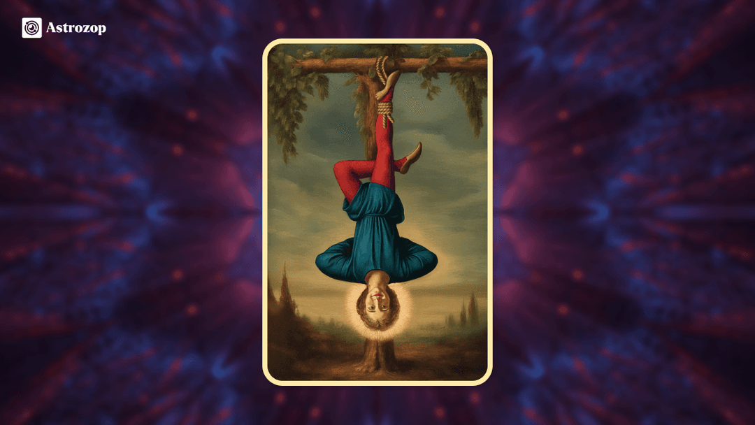 Hanged Man tarot card showing a man hanging upside down from a tree with a calm expression
