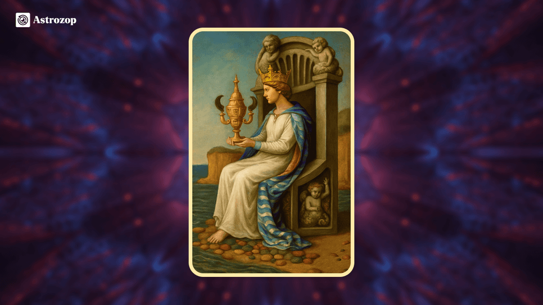 Queen of Cups tarot card showing a calm and compassionate queen holding a golden cup
