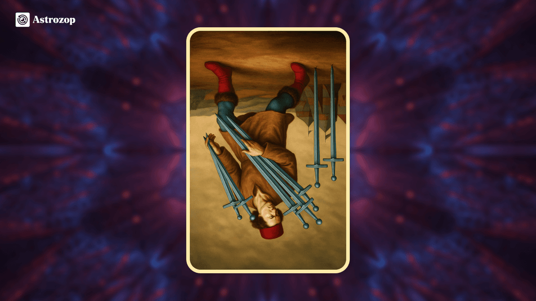 Reversed Seven of Swords tarot card showing a figure burdened while carrying swords