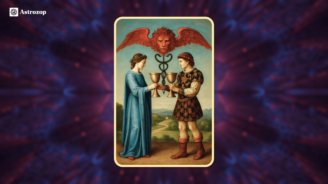 Two of Cups tarot card showing a man and woman exchanging cups
