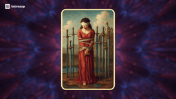 Eight of Swords tarot card showing a blindfolded and bound figure surrounded by swords